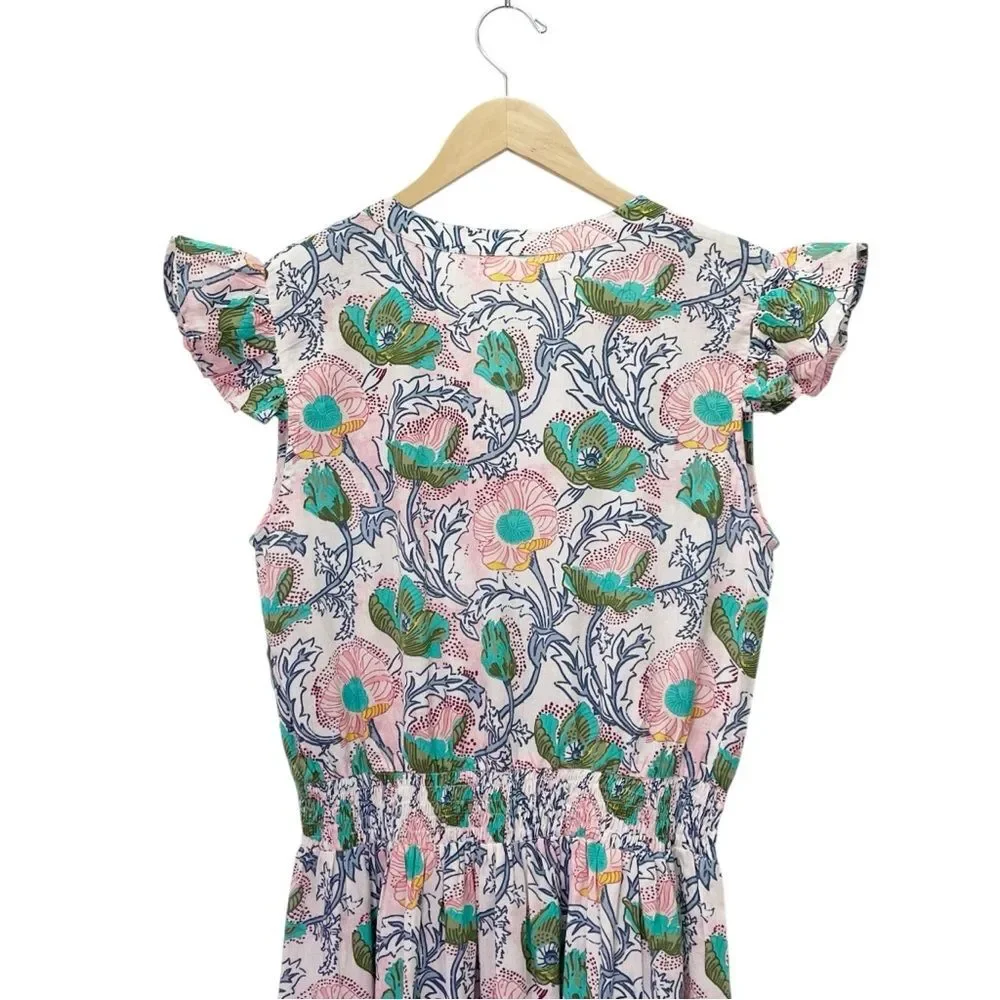 NWT Bindu Anika Dress Pink Multi Floral Ruffle Sleeve Maxi Boho Resort Sz Small - Picture 6 of 13